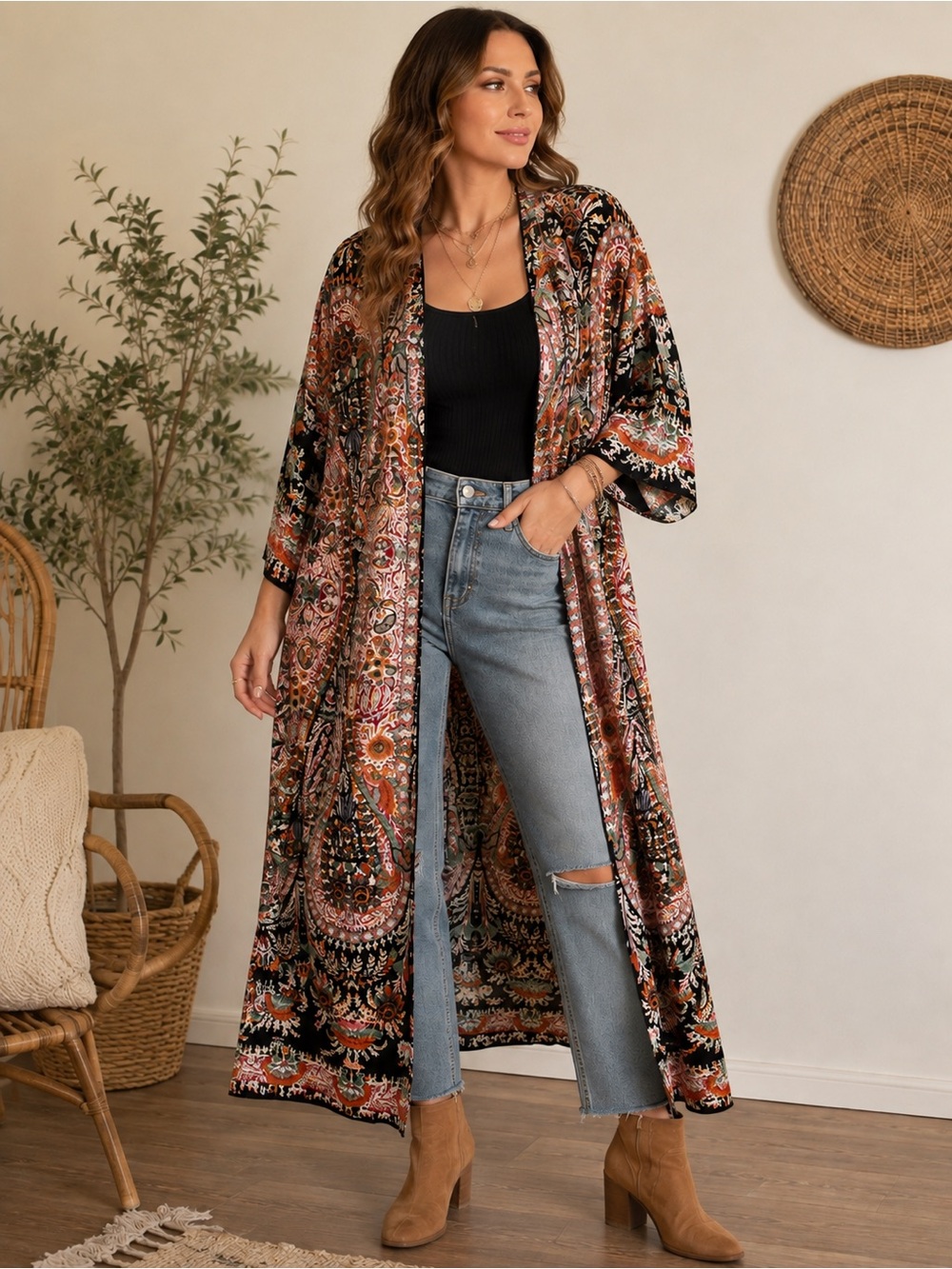 XL Boho Paisley Floral Long Kimono Duster Robe Festival 100% Viscose
